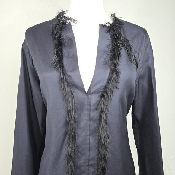 Helmut Lang Black Navy Twill Fringe Feather Silk Long Sleeve Blouse - Picture 8 of 11